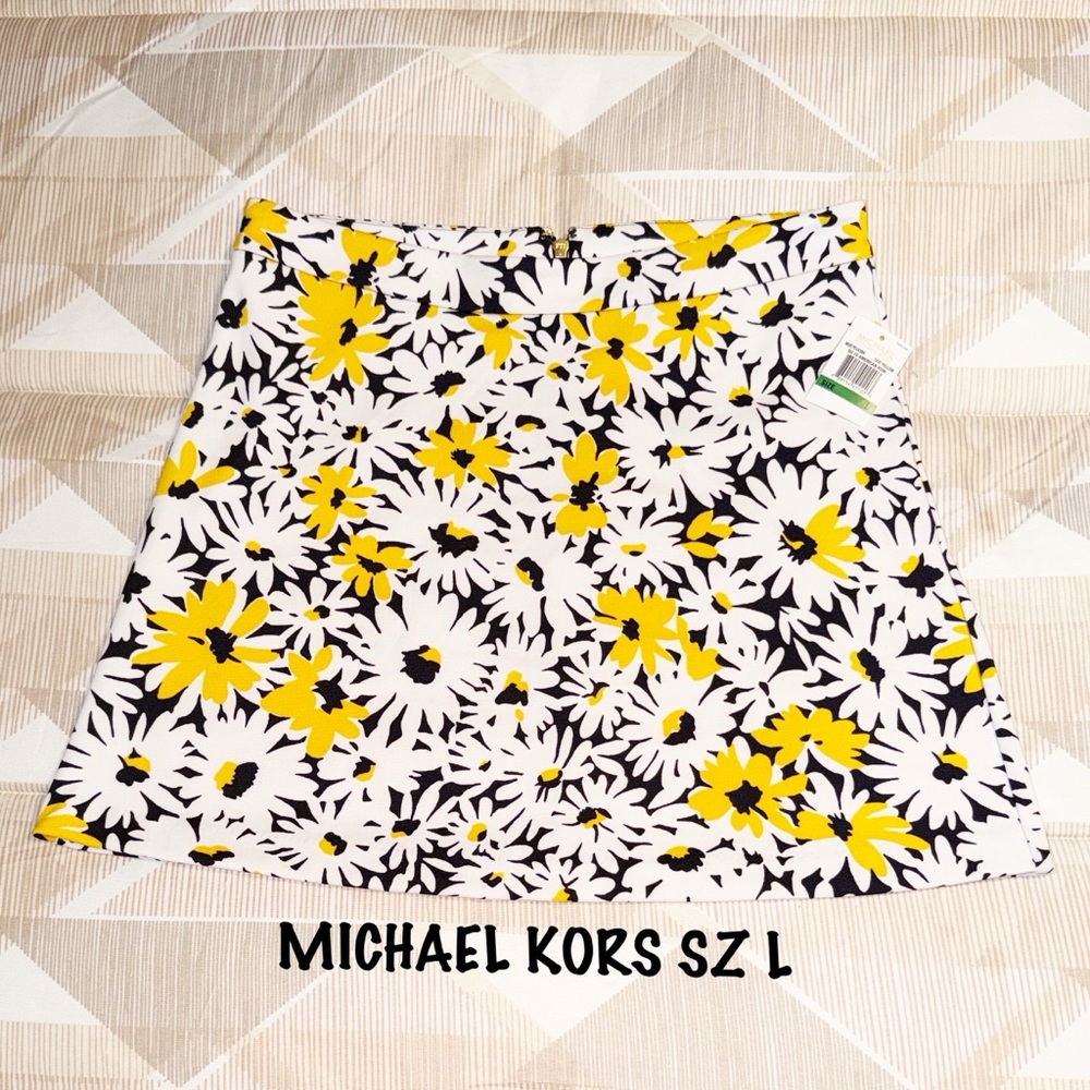 Michael Kors Yellow and Black Floral Above the Knee A-Line Skirt SZ L NWT